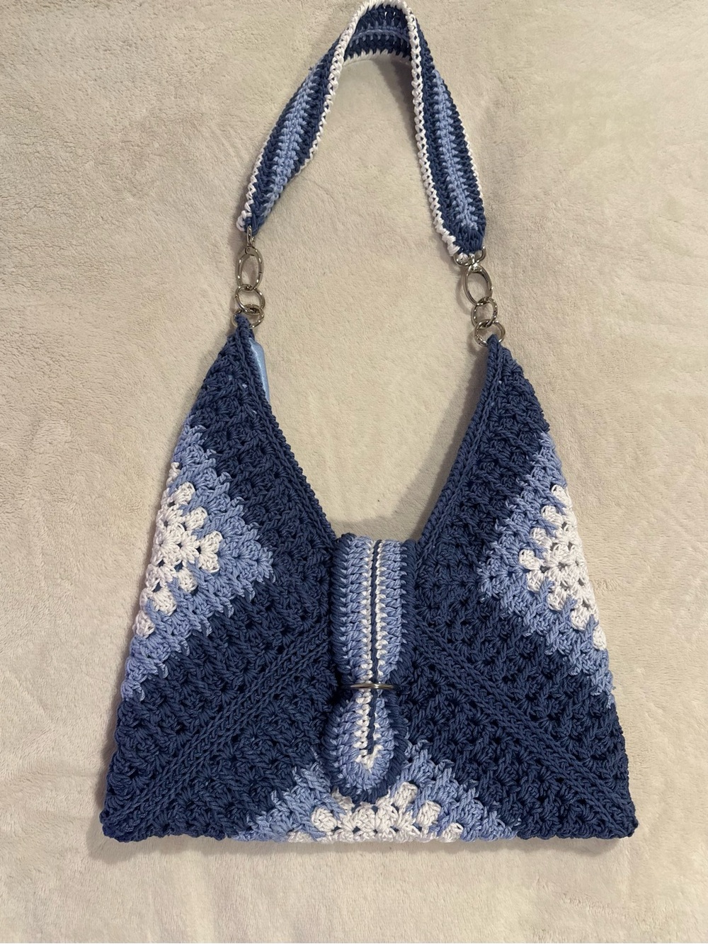 Handcrafted Crochet Shoulder Bag in Navy and Light Blue
